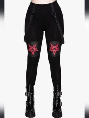 Killstar Black Leggings with Red Pentagram Knees and Harness Straps
